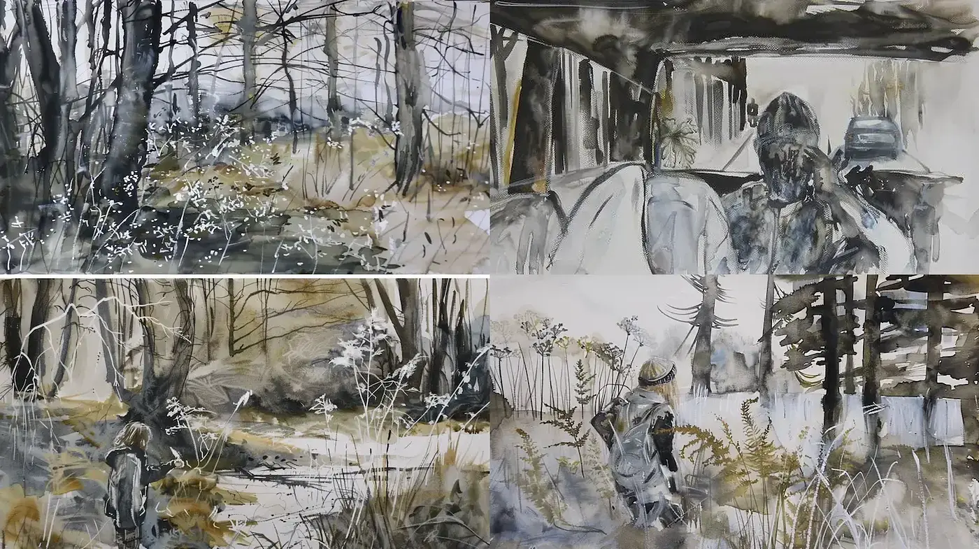 Ethereal Monochrome Watercolor Dreamscapes - Midjourney sref style