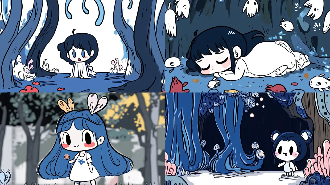 Whimsical Anime-Inspired Fantasy with Consistent Cool Tones and Playful Imagery - Midjourney sref style