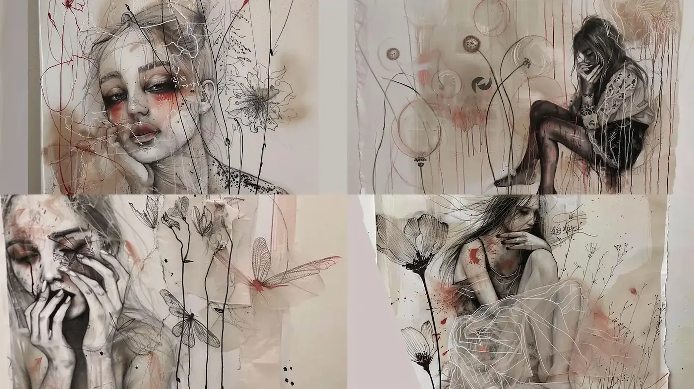 Ethereal illustrations with intricate line work and muted tones - Midjourney sref style