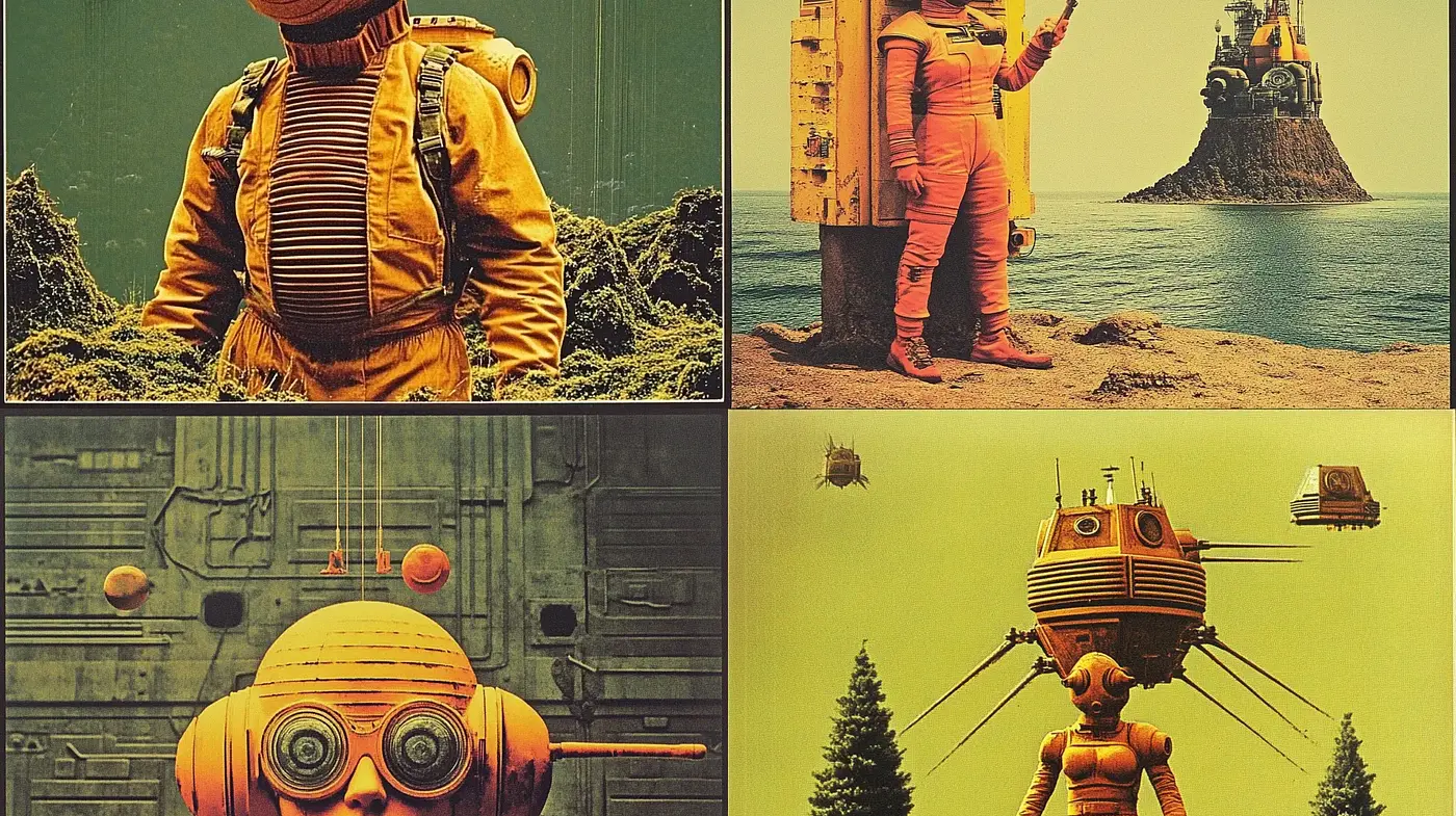 Retrofuturistic Exploration in Saturated Sepia Tones - Midjourney sref style