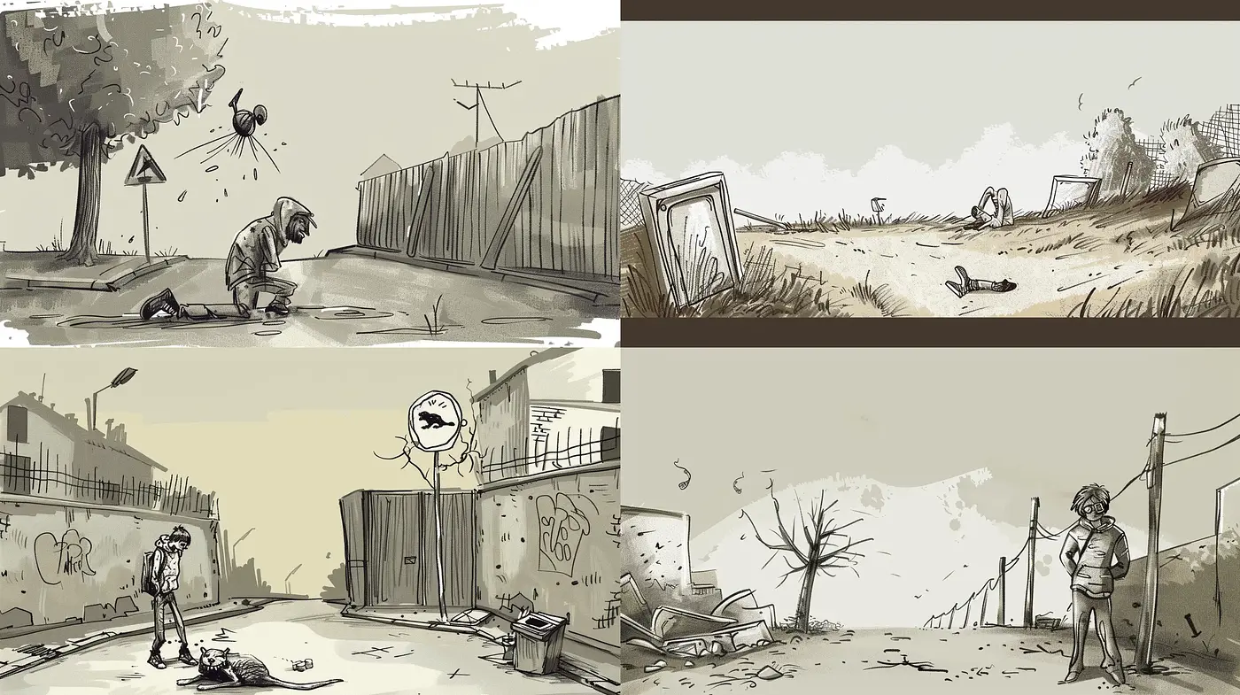 Desolate Echoes: Monochromatic Sketch-Style Visual Narrative - Midjourney sref style