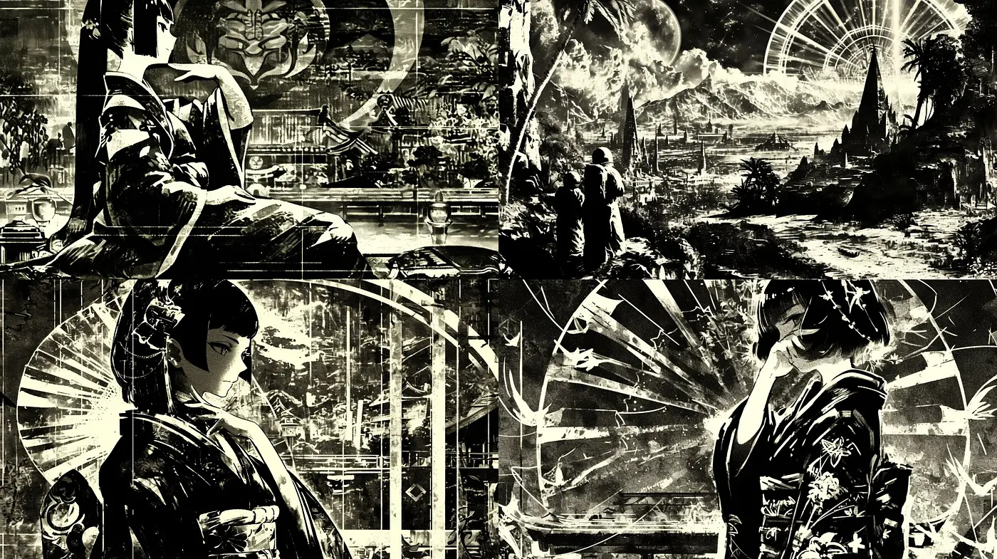 Monochromatic Elegance: A Fusion of Cyberpunk and Ukiyo-e in Grayscale - Midjourney sref style