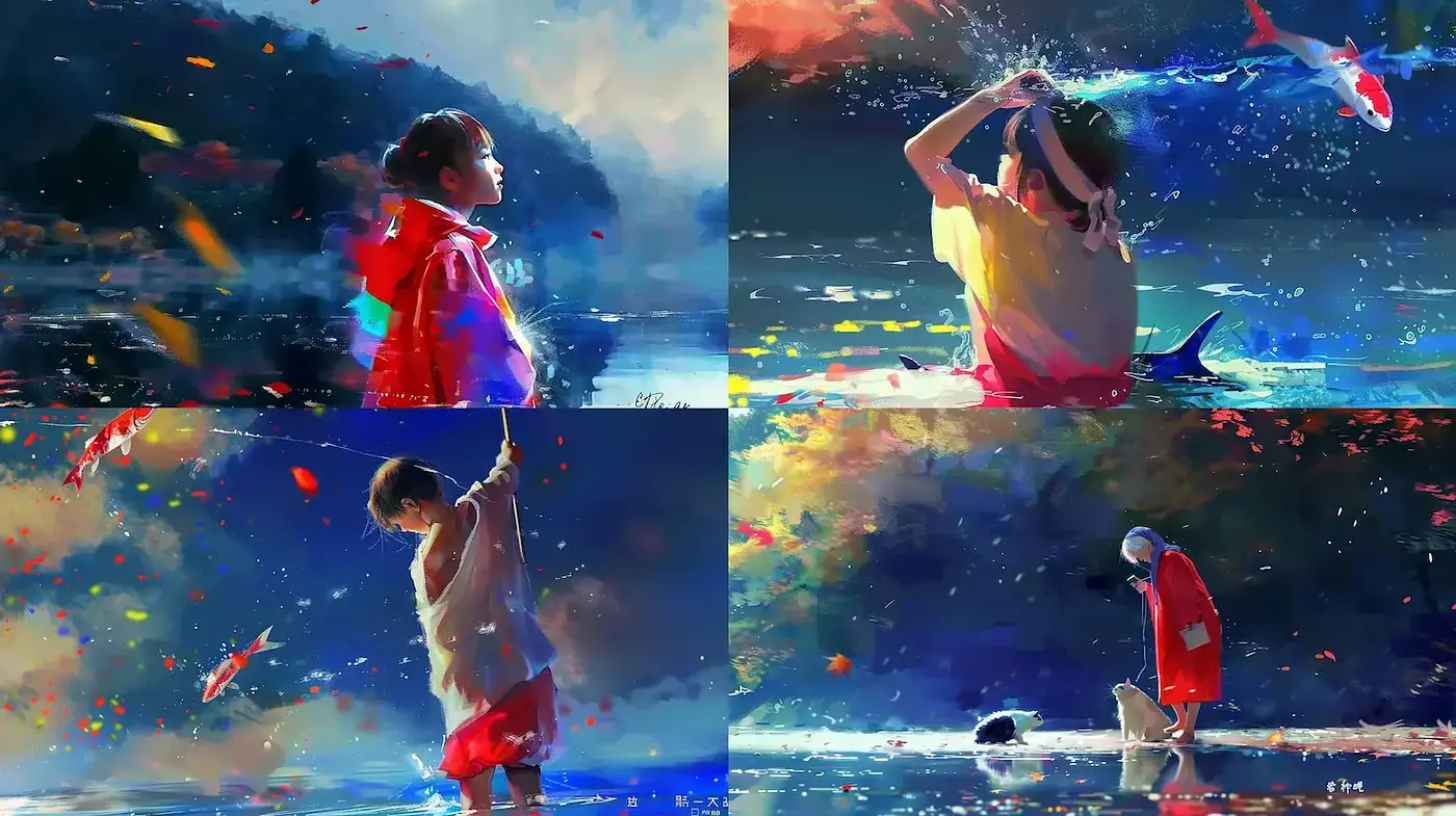 Dynamic and Luminous Scenes Capturing Whimsical Reflections on Water - Midjourney sref style