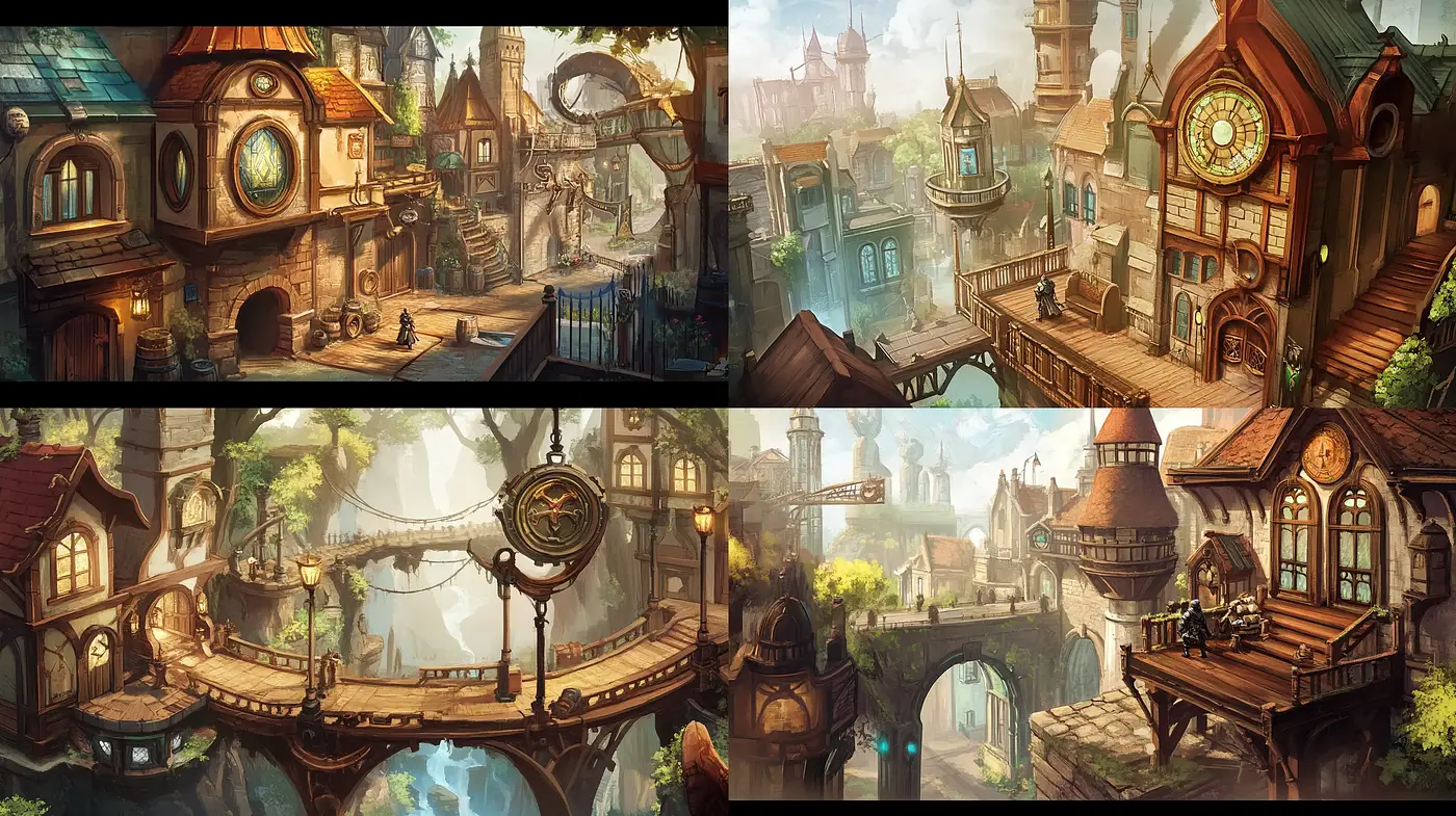 Enchanted Storybook Townscapes: A Meld of Fantasy and Painterly Traditions - Midjourney sref style