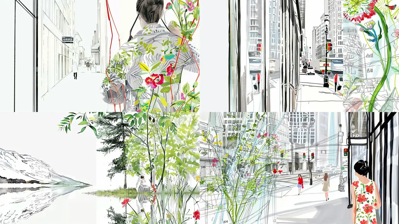Stylized Urban Nature with a Touch of Elegance and Serenity - Midjourney sref style