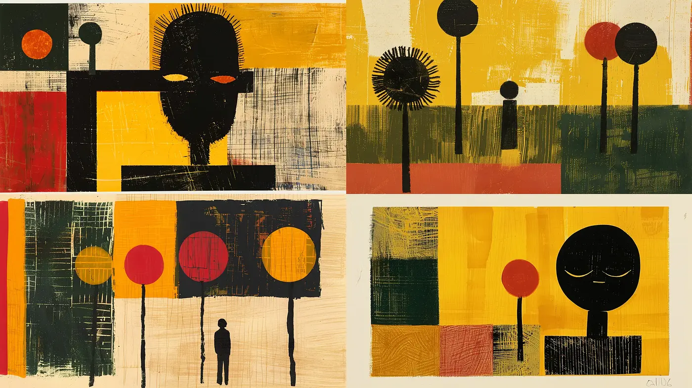 Abstract Expressionist Fusion with Textured Blocks and Stylized Silhouettes - Midjourney sref style