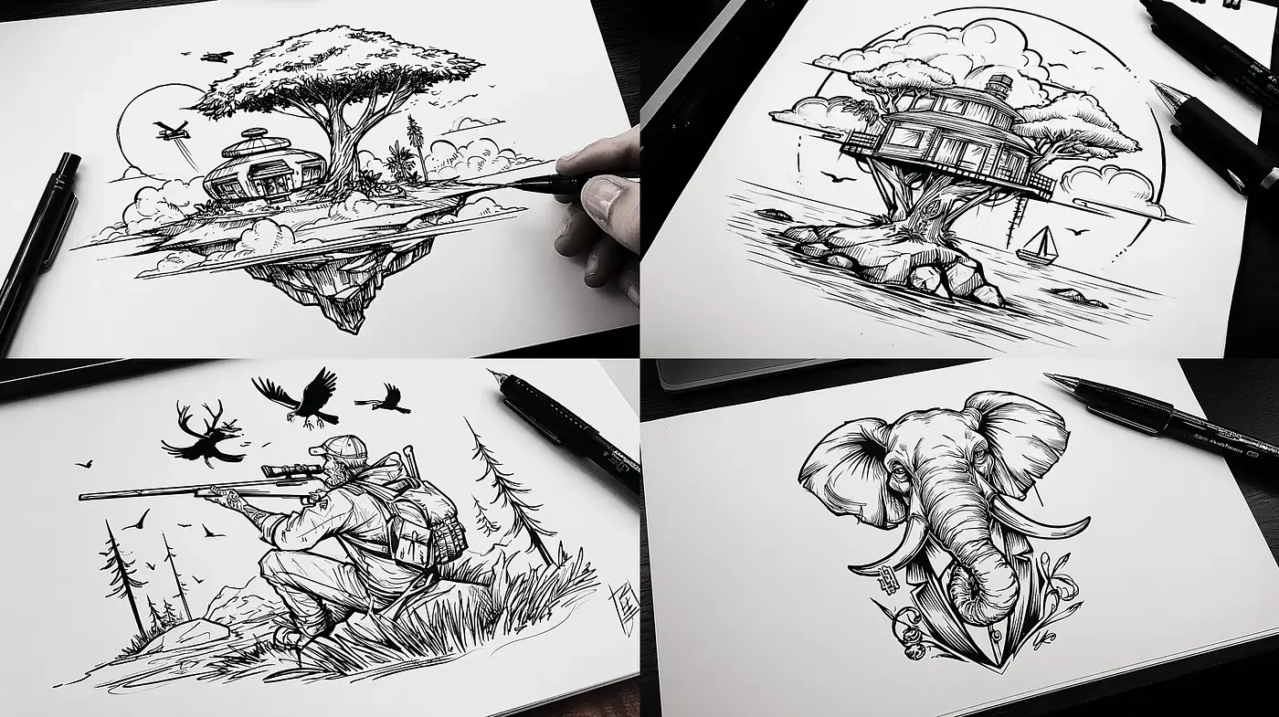 Intricate Black and White Illustrations with a Nature Theme - Midjourney sref style