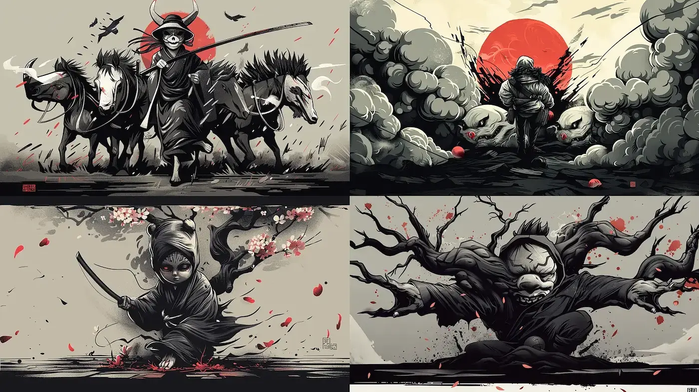 Dynamic and evocative monochromatic fantasy style with traditional influences - Midjourney sref style