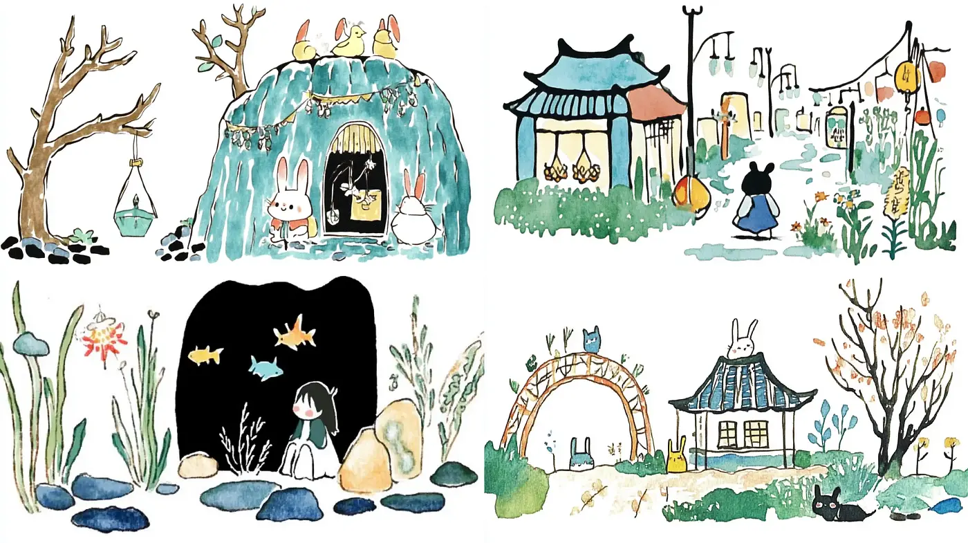 Whimsical Watercolor Dreamscape with Storybook Charm - Midjourney sref style