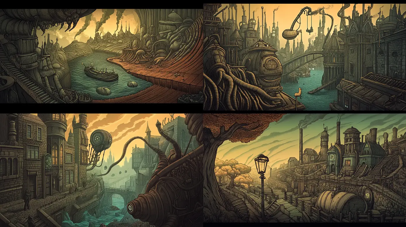 Mystical Steampunk Dreamscapes with Surrealist Overtones - Midjourney sref style