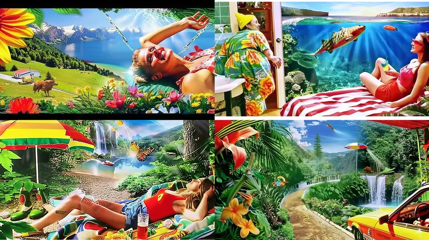 Vibrant and Surreal Tropical Escape: A Synthesis of Hyperrealism and Photomontage - Midjourney sref style