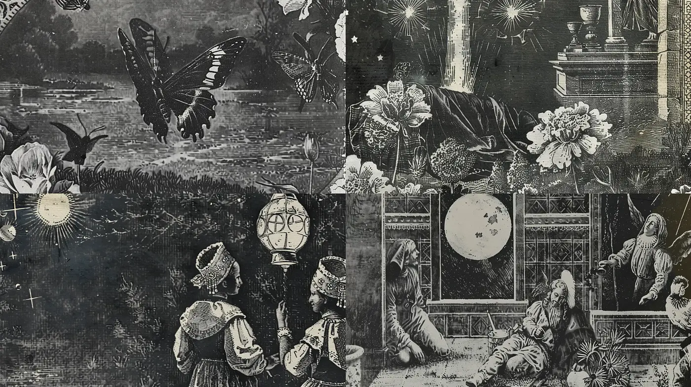 Mystical Nocturnal Etching: A Homage to Vintage Storybook Illustrations - Midjourney sref style