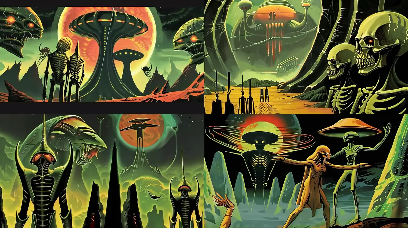 Eerie Retro-Futuristic Sci-Fi Tapestry - Midjourney sref style