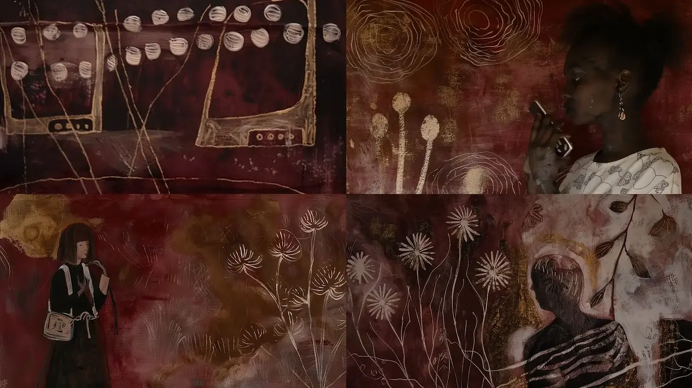 Intricate Artistic Composition with Earthy Tones and Organic Shapes - Midjourney sref style