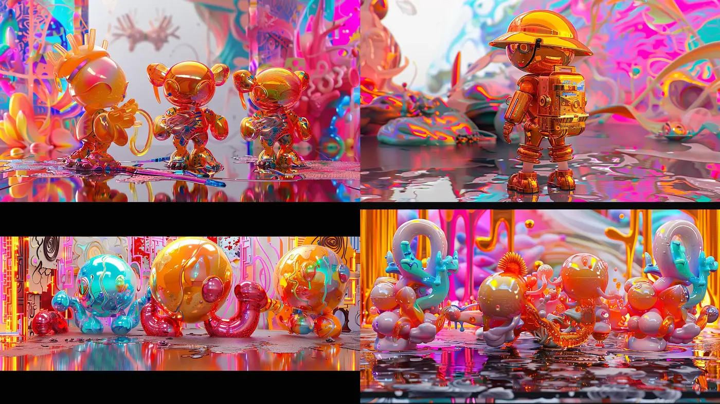 Surreal Futuristic Dreamscape with Vibrant Anthropomorphic Explorers - Midjourney sref style