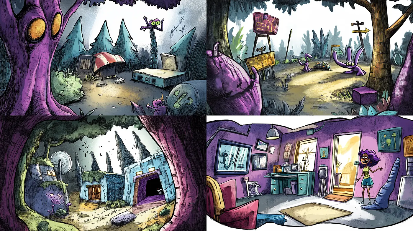 Playful Cartoon Style with Whimsical Landscapes and Characters - Midjourney sref style