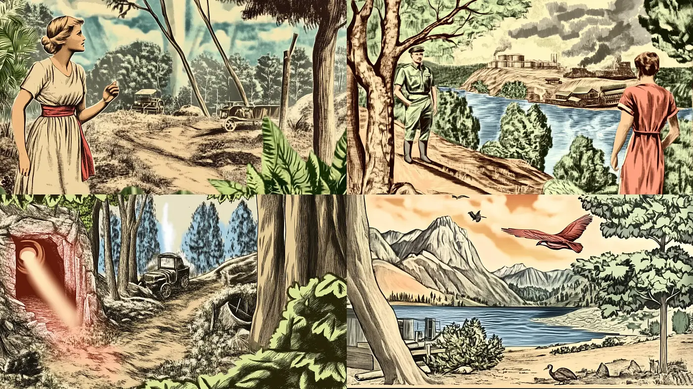 Timeless Serenity in Nature's Embrace: A Homage to Early 20th Century Illustrative Art - Midjourney sref style
