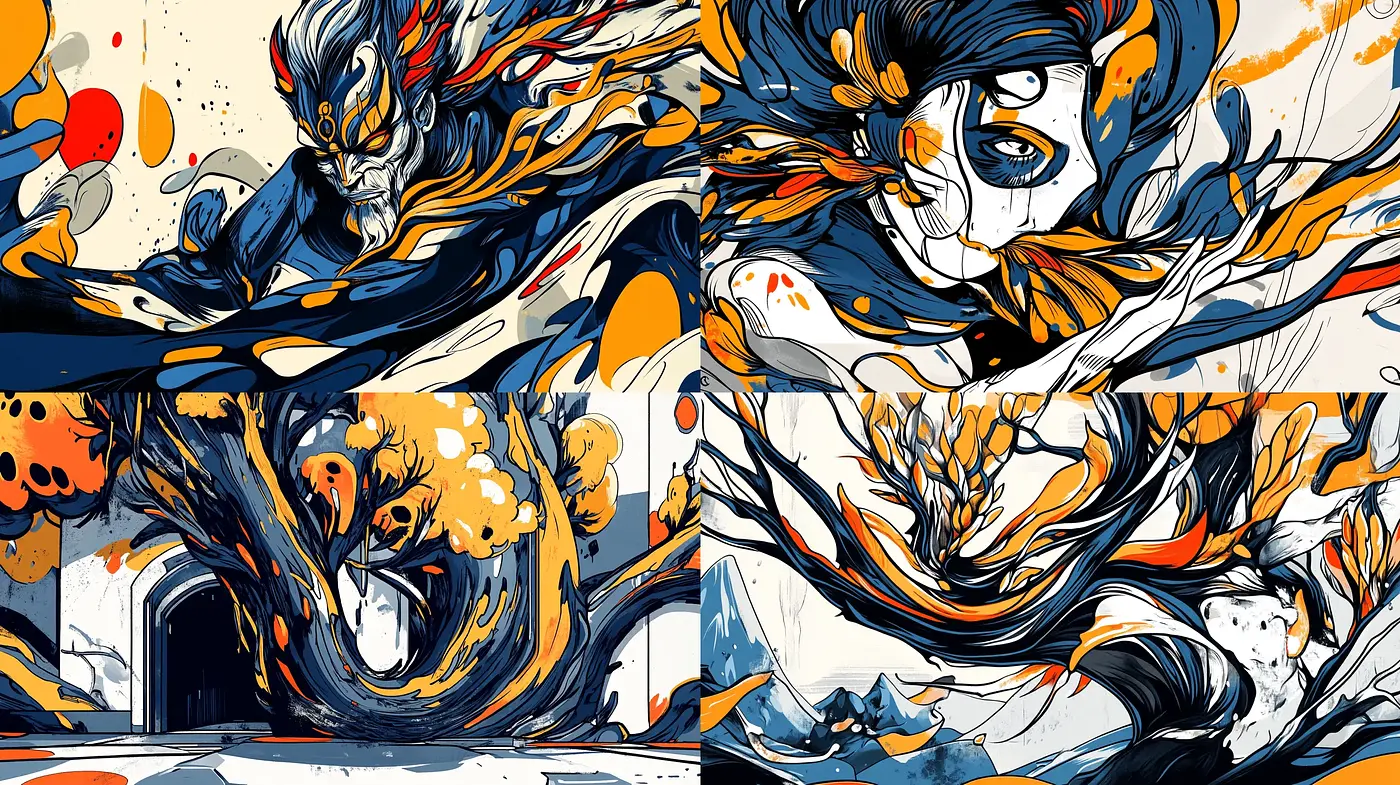 Dynamic Whirlwind of Abstract Expressionism with a Graphic Novel Flair - Midjourney sref style