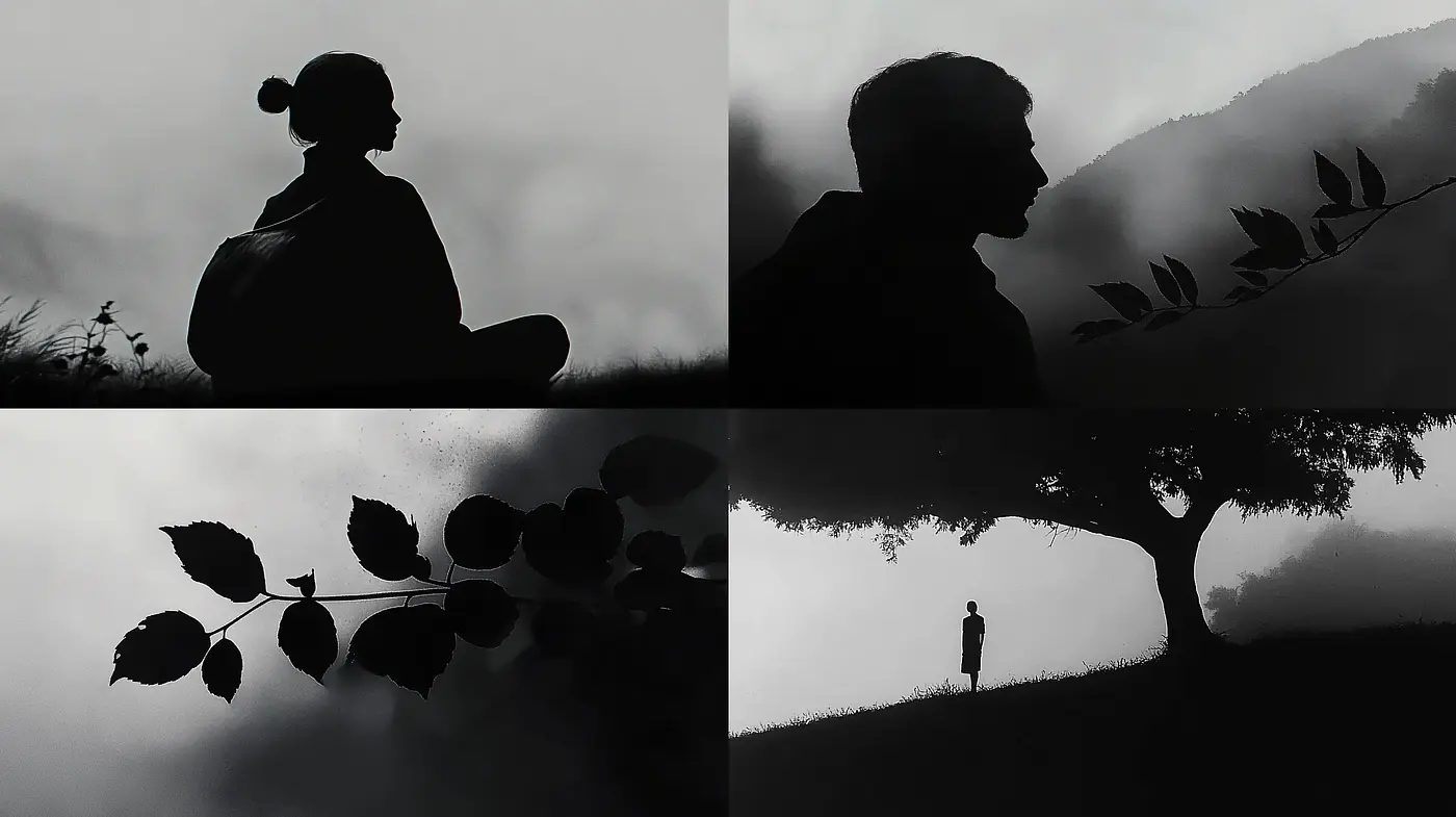 Monochromatic Silhouettes Amidst Misty Vistas - Midjourney sref style