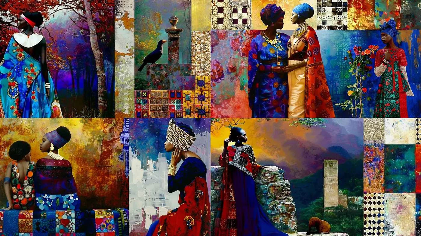Eclectic Tapestry of Textured Elegance: A Fusion of Traditional Motifs and Vibrant Storytelling - Midjourney sref style