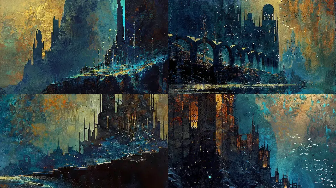 Mysterious and Atmospheric Fantastical Urban Landscapes - Midjourney sref style