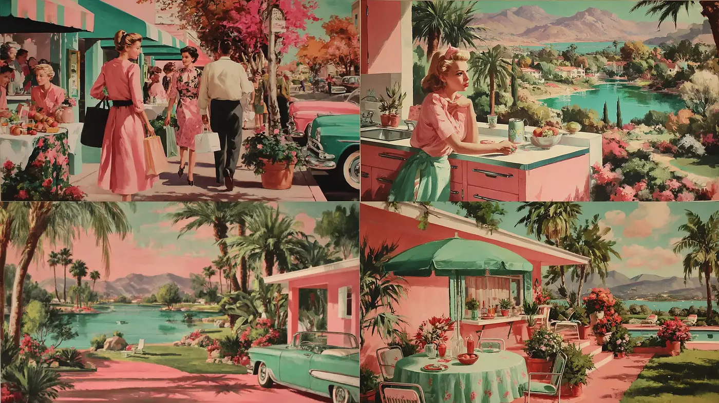 Vintage Retro Aesthetic with Tropical Influences in Pastel Tones - Midjourney sref style