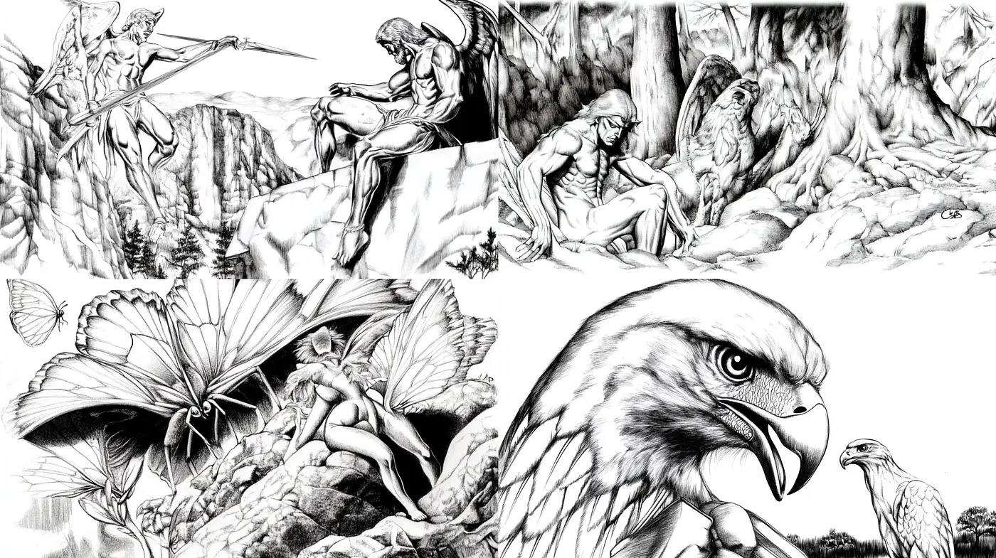 Monochromatic Nature and Wildlife Illustrative Ensemble - Midjourney sref style