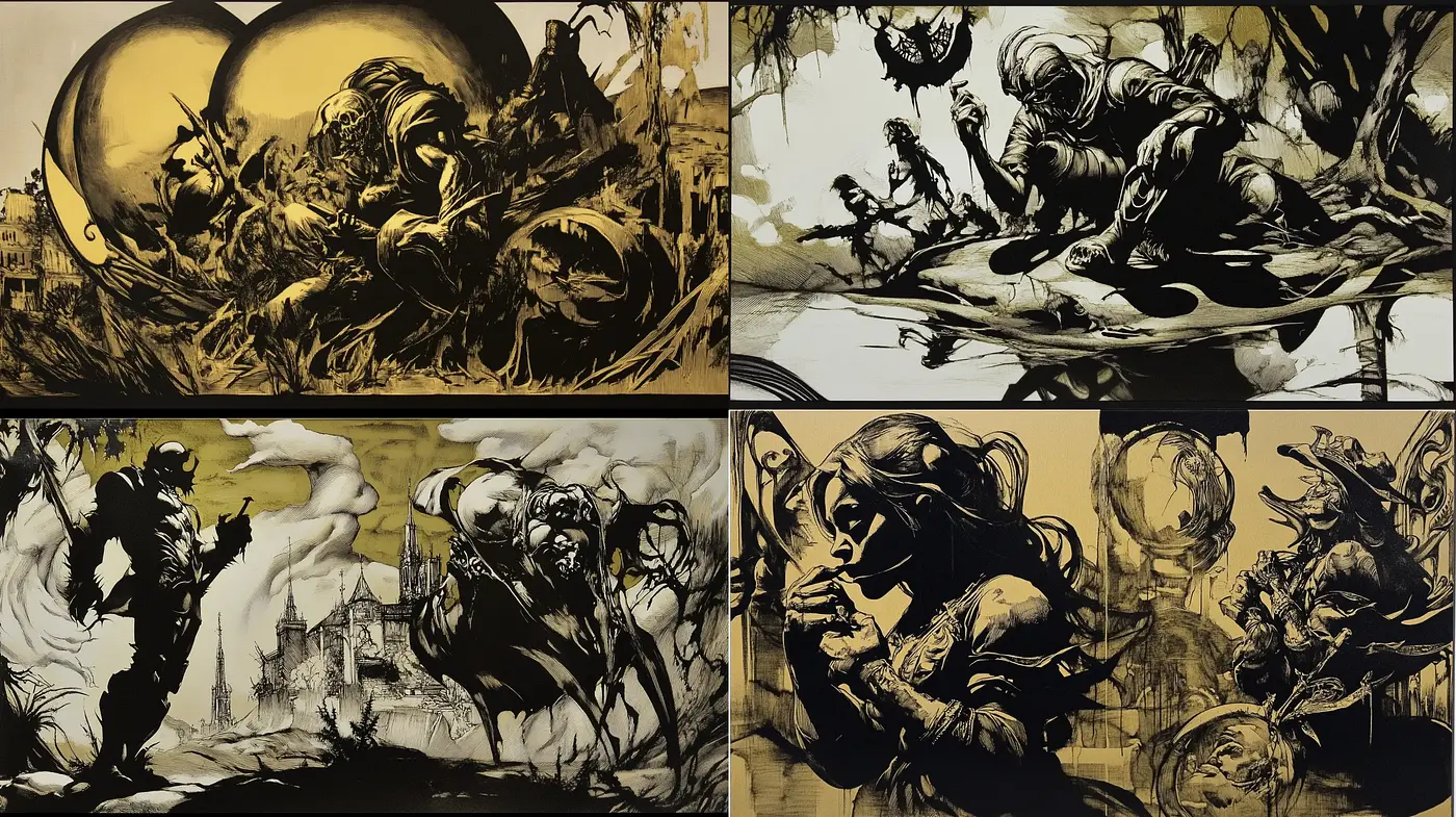 Gritty Sepia-Toned Epic Illustration - Midjourney sref style