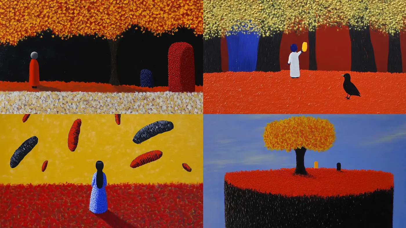 Autumn Contrast: Textured Vivacity and Simplified Elegance - Midjourney sref style
