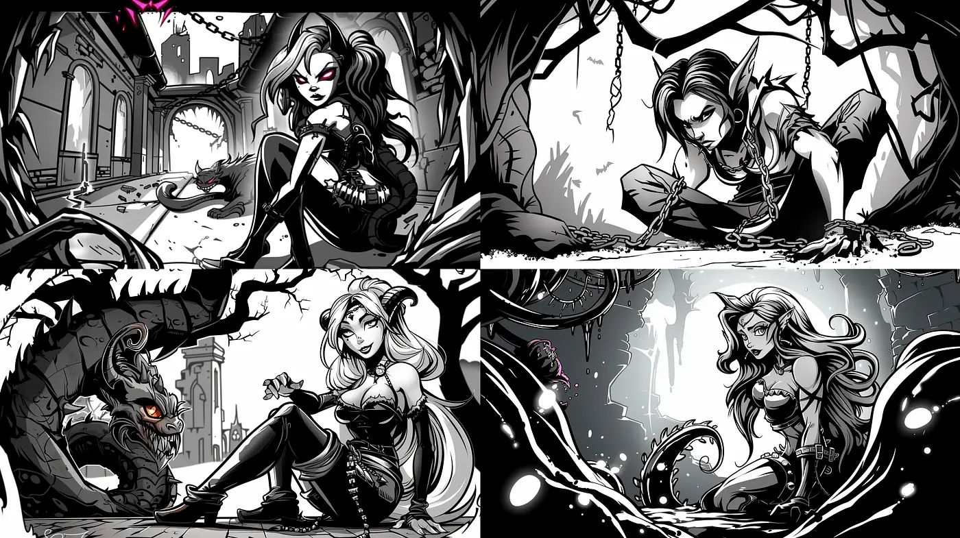 Monochromatic Enchantment: Stylized Gothic Fantasy in Grayscale - Midjourney sref style