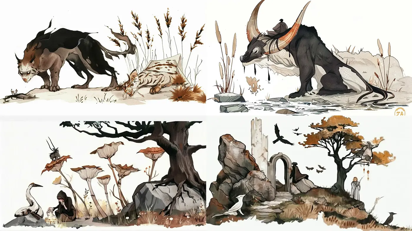 Ethereal Nature's Mythology: An Artistic Fusion of Ink Wash and Fantasy Illustration - Midjourney sref style