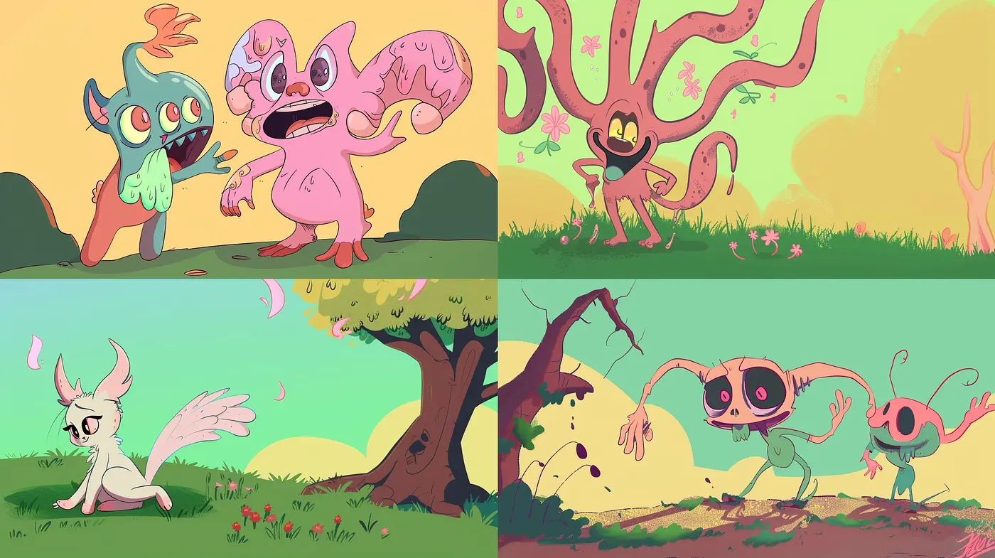 Consistent Whimsicality: An Exploration of Stylized Cartoonish Exuberance in a Unified Color Scheme - Midjourney sref style