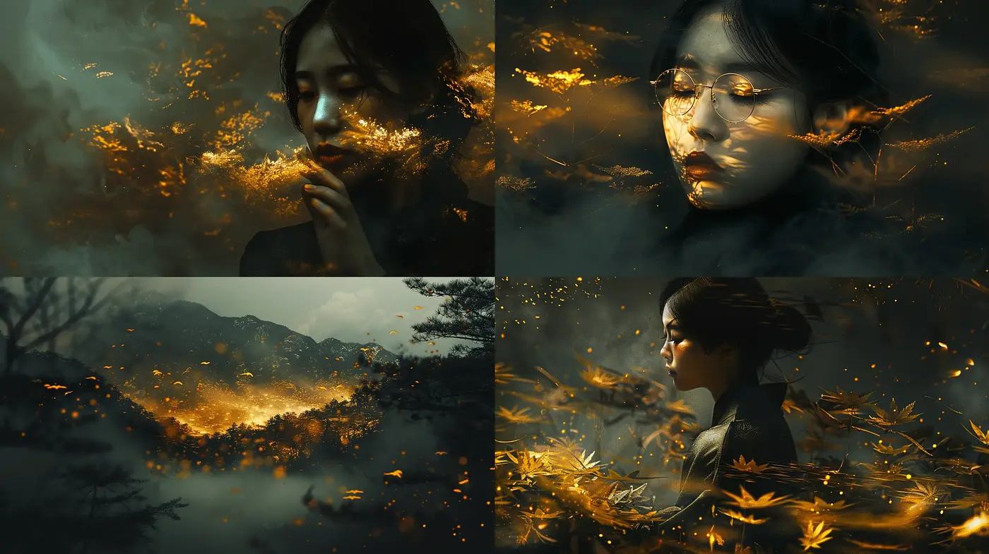 Ethereal Autumnal Twilight: A Dreamlike Fusion of Human and Nature - Midjourney sref style