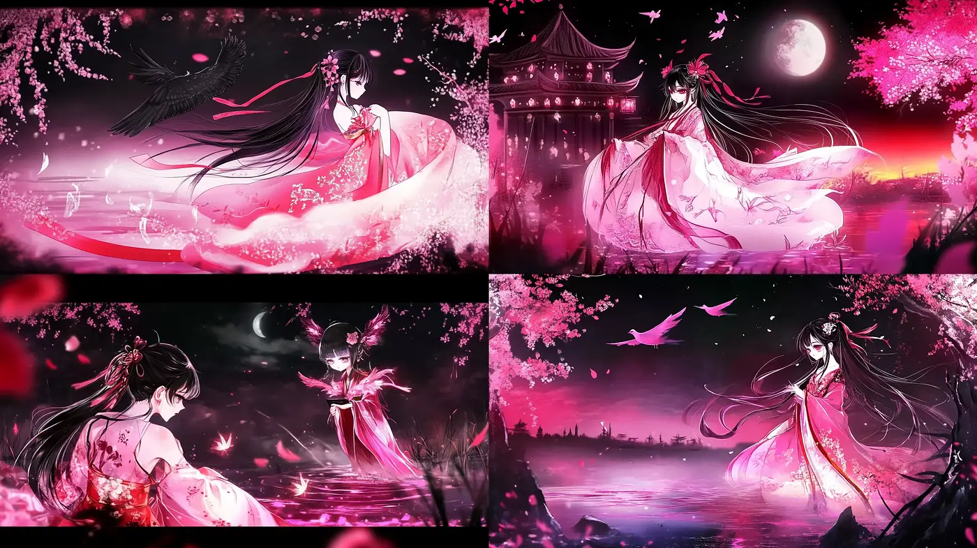 Ethereal Twilight: A Synchronous Dance of Sakura and Crimson Hues - Midjourney sref style