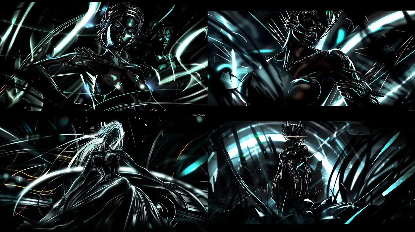 Dynamic Cybernetic Elegance in Turquoise Hues - Midjourney sref style