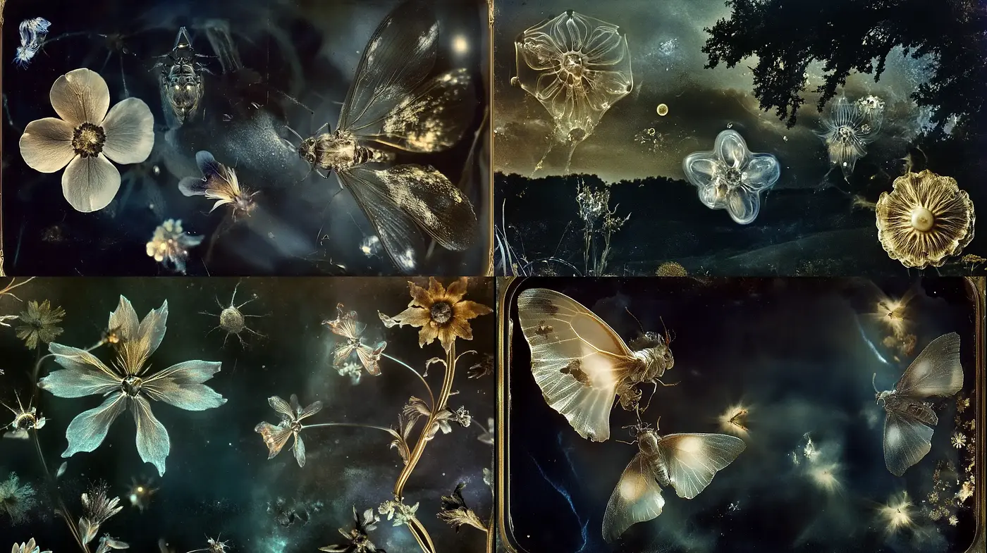 Ethereal Nocturnal Botanicals: A Whimsical Fusion of Florals and Moths - Midjourney sref style