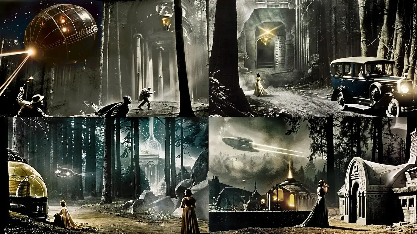 Surreal Vintage Sci-Fi Aesthetic with Ethereal and Mysterious Elements - Midjourney sref style