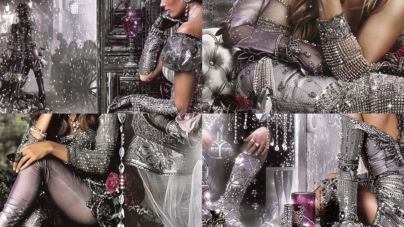 Monochromatic Elegance with Metallic Textures and Floral Contrast - Midjourney sref style