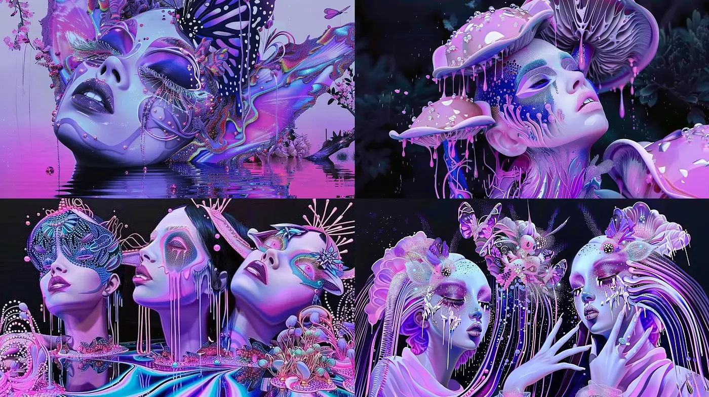 Luminous Cyber Lagoon: A Fusion of Digital Dreamscapes and Neon Flourishes - Midjourney sref style