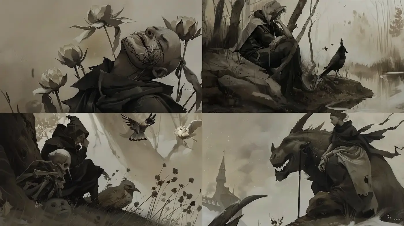 Dark, atmospheric artwork with elements of surrealism and fantasy - Midjourney sref style