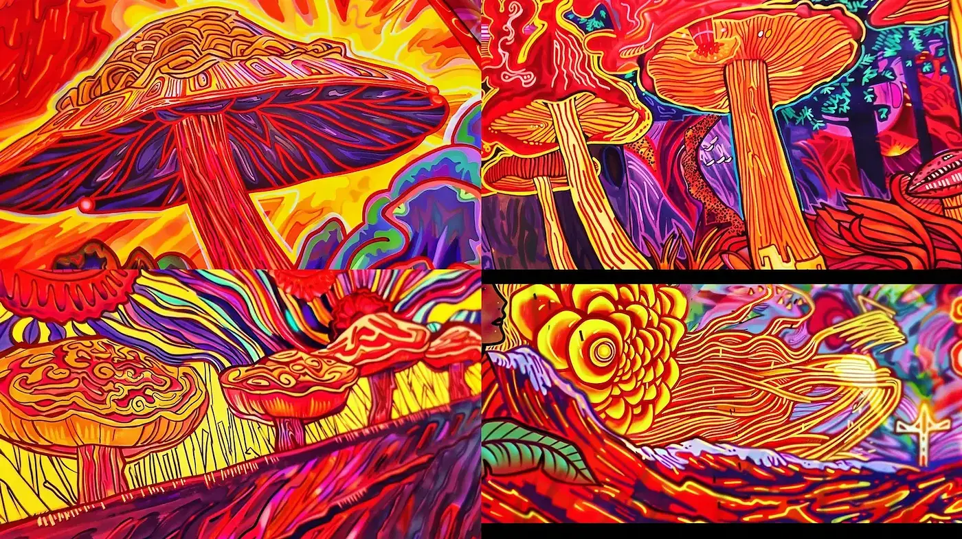 Vibrant psychedelic landscape with surreal motifs - Midjourney sref style