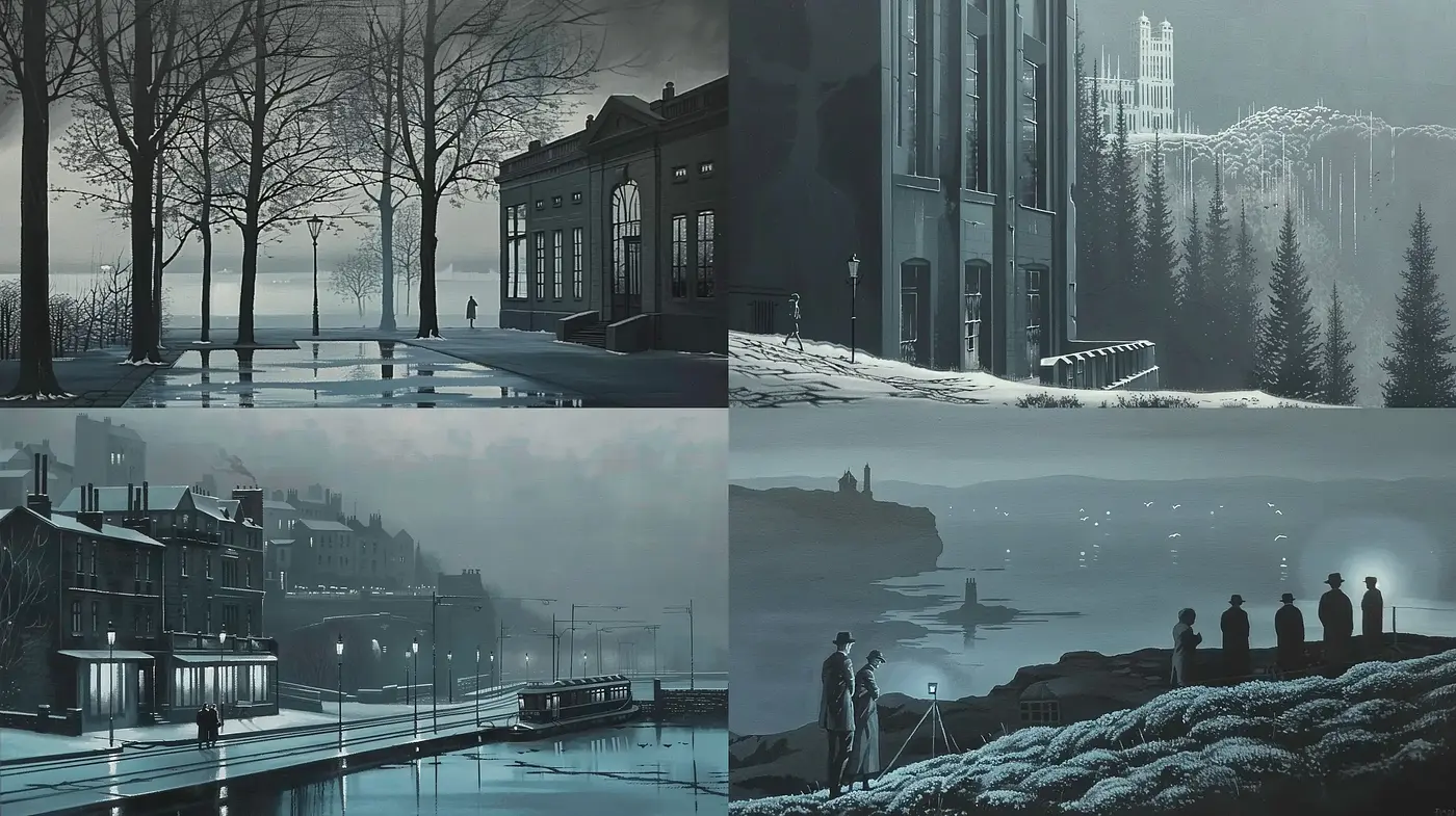 Monochromatic Elegance: A Homage to Noir Cinematography and Liminal Twilight Ambiance - Midjourney sref style