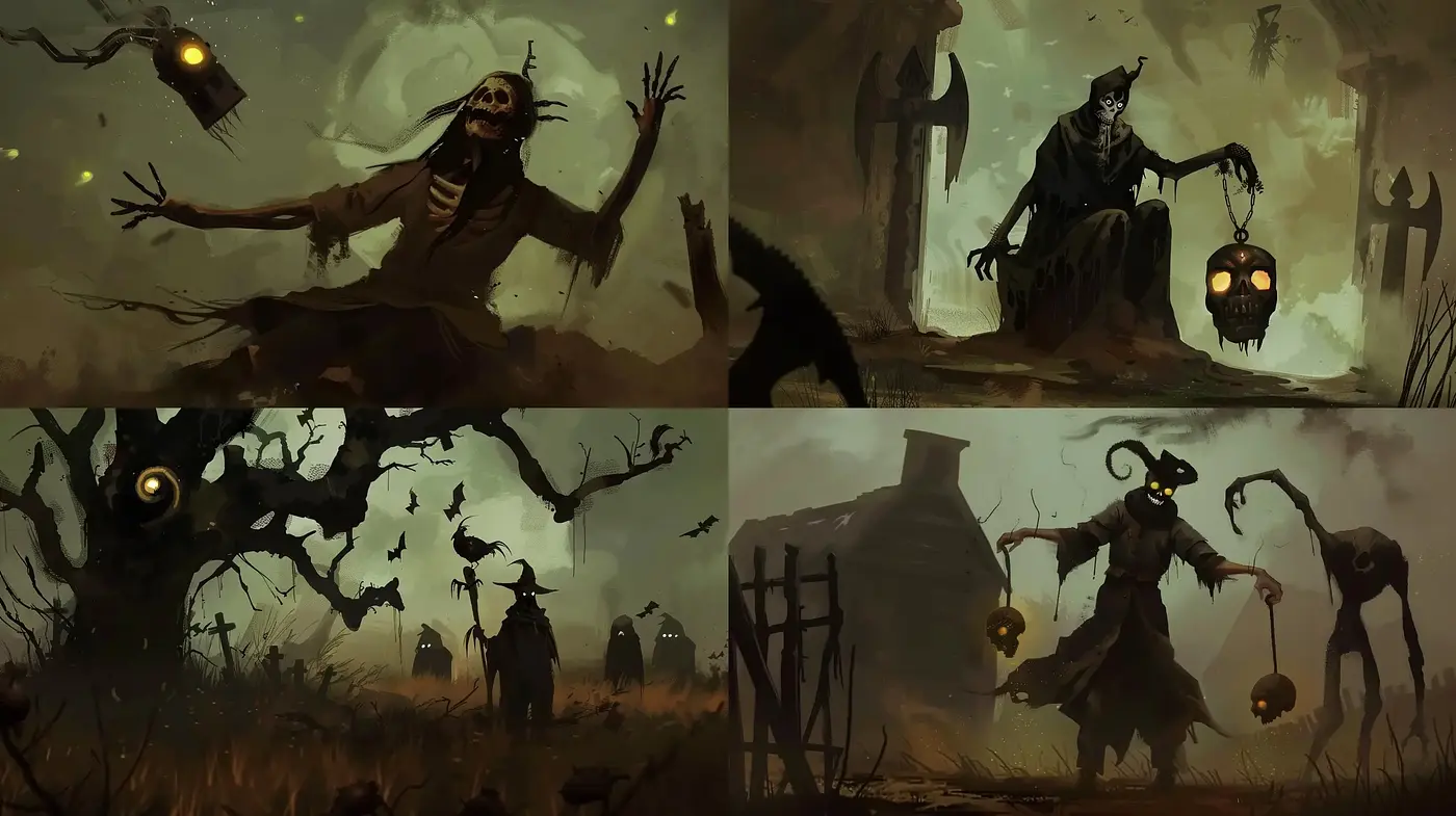 Eerie Twilight Hues in a Stylized Macabre Tableau - Midjourney sref style