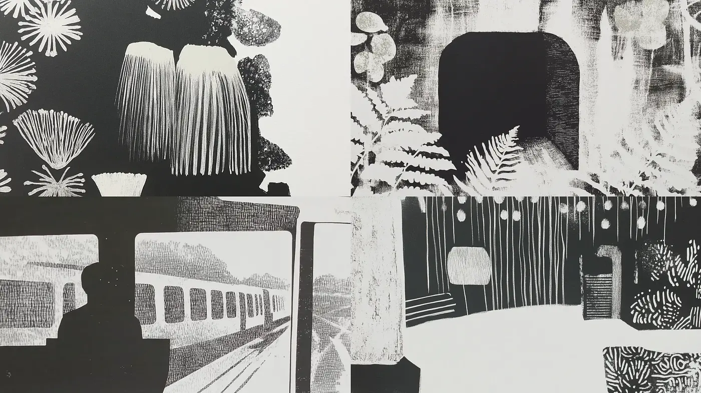 Monochromatic Echoes of Nature and Travel in Abstract Expressionism - Midjourney sref style