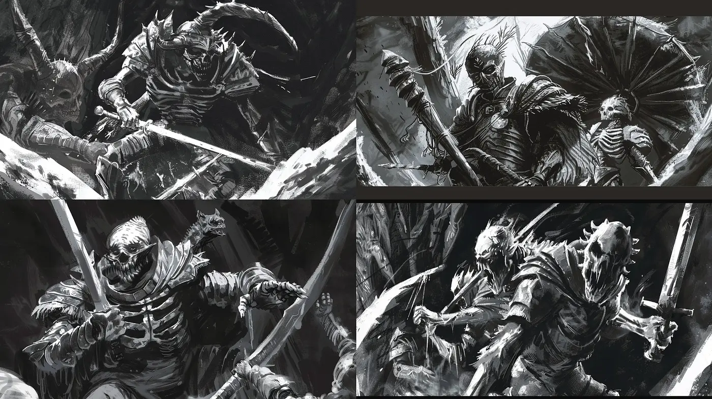 Monochromatic Dynamic Sketches of Fantastical Aggression - Midjourney sref style