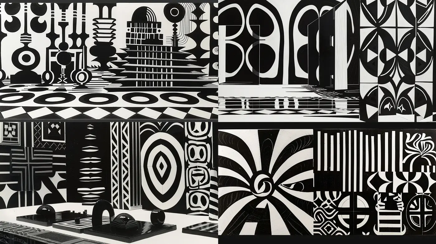 Monochrome Geometric Abstraction Across Varied Textures and Forms - Midjourney sref style