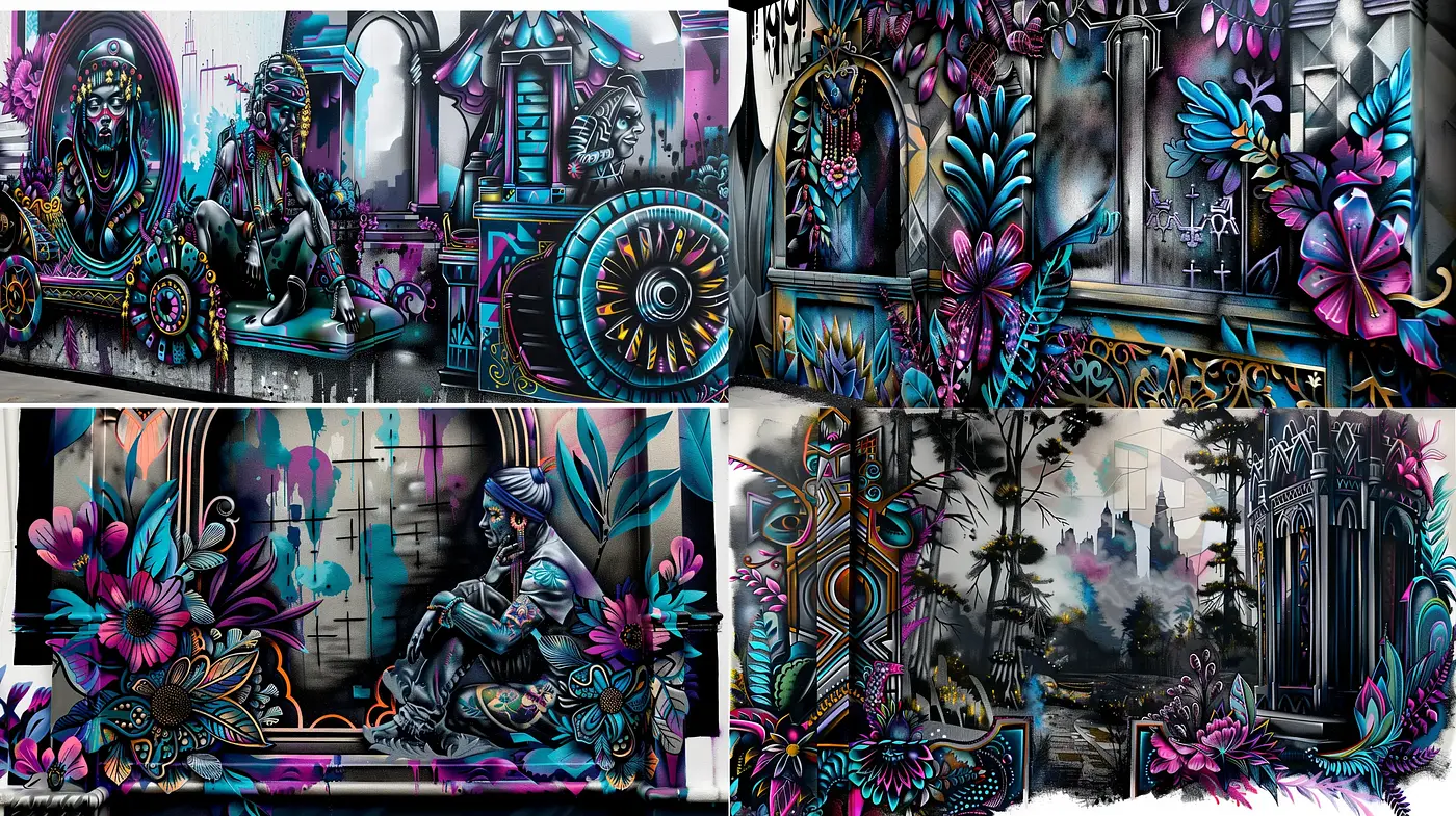 Urban Whimsy: Stylized Graffiti Fusion with Mythical Essence - Midjourney sref style