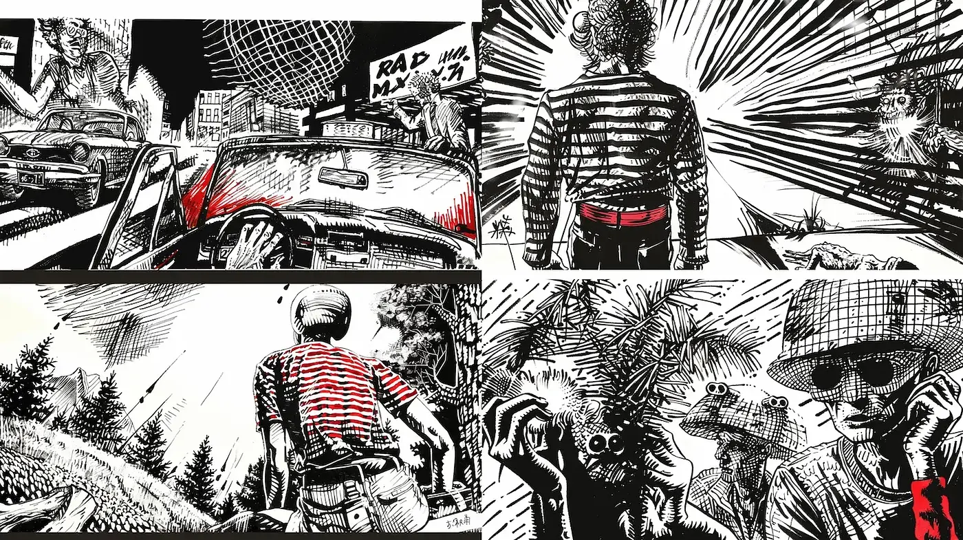 Dynamic and Expressive Graphic Storytelling with a Retro Flair - Midjourney sref style