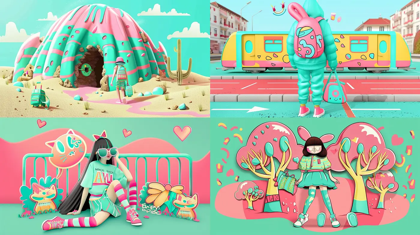 Candy-Colored Surrealistic Dreamscape Influenced by Modern Artistic Expressions - Midjourney sref style