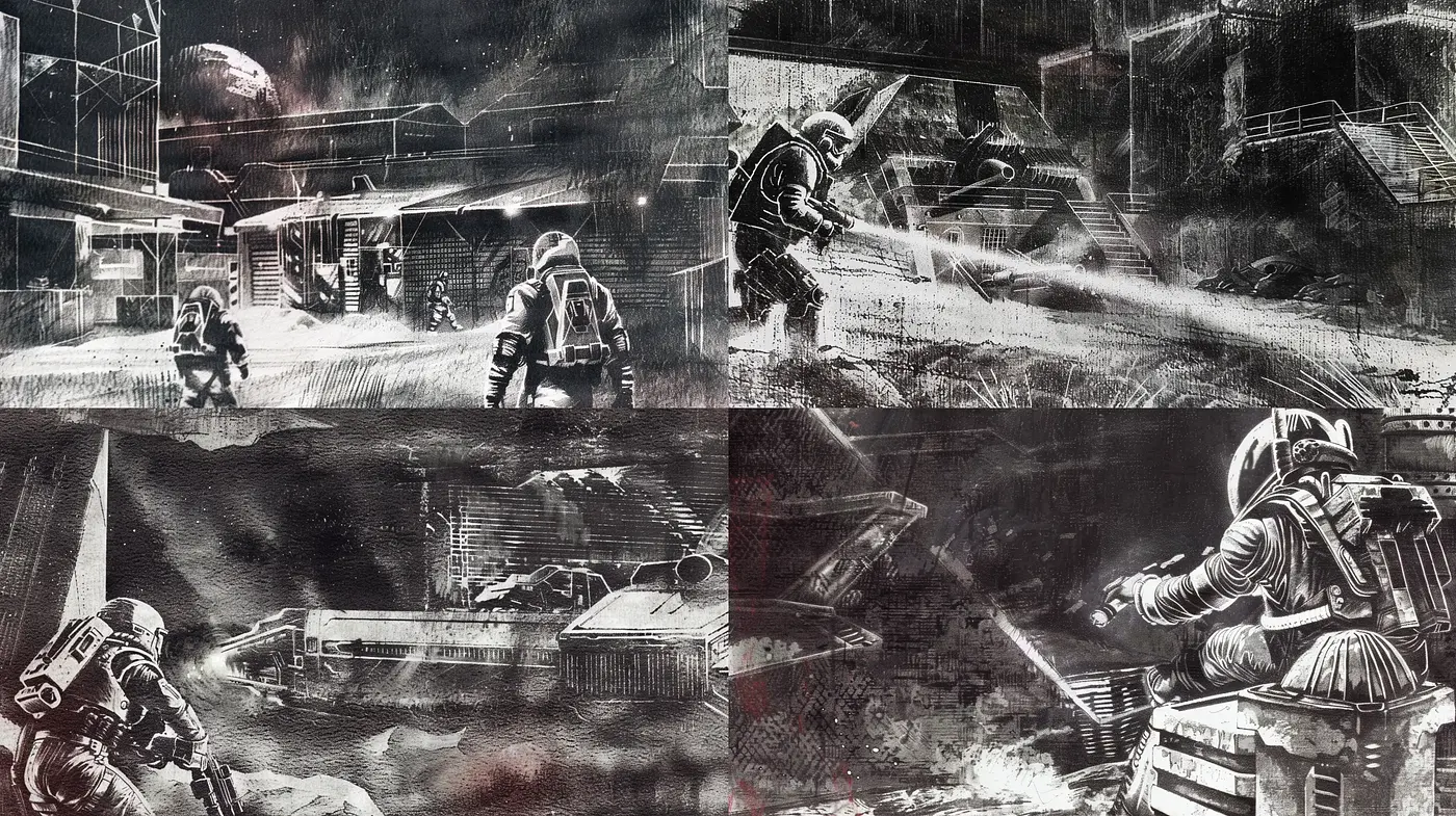 Gritty Monochromatic Sci-Fi Concept Artwork - Midjourney sref style